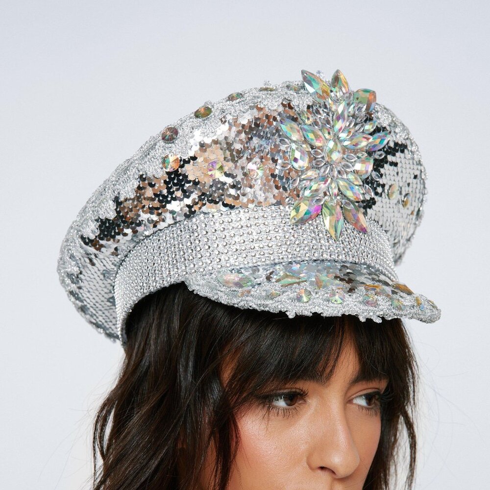 Silver Rhinestone Sequin Captain Hat | Festival Glam